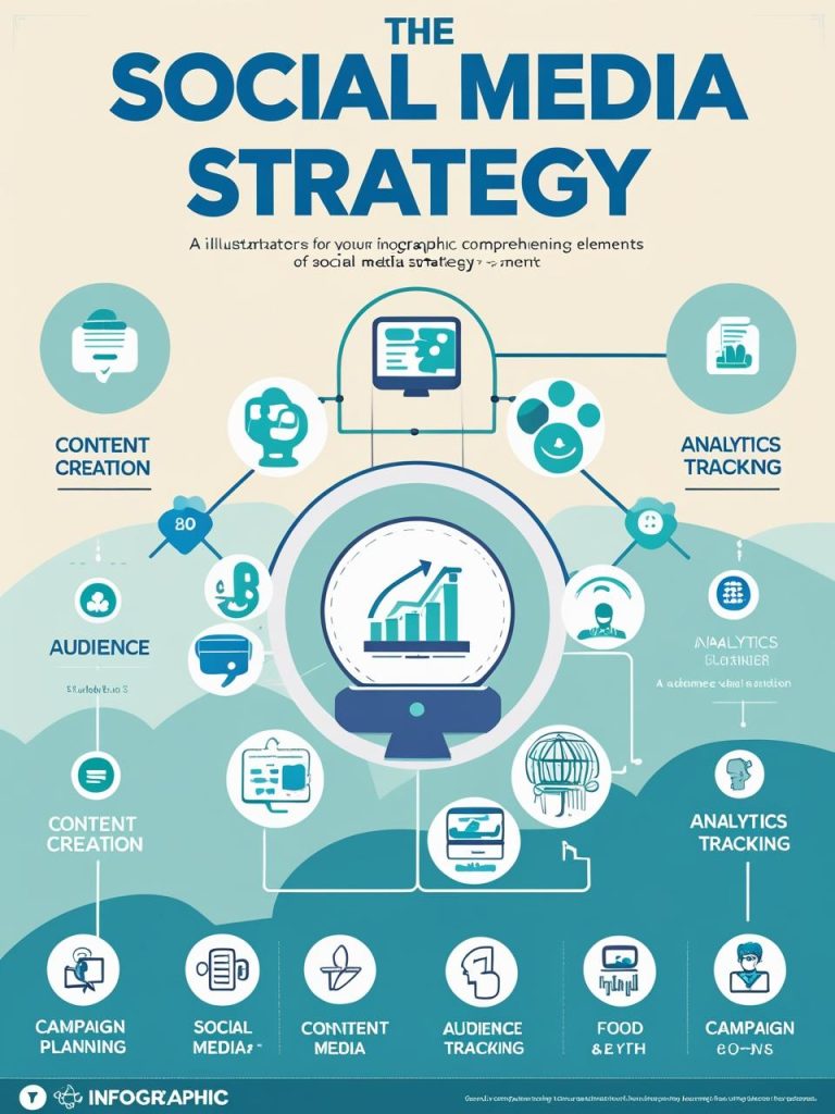 A content creator planning a social media strategy with a laptop open to analytics dashboards, a smartphone showing scheduled posts, sticky notes with content ideas, platform logos like Instagram, Facebook, and LinkedIn, and a calendar marked with posting dates