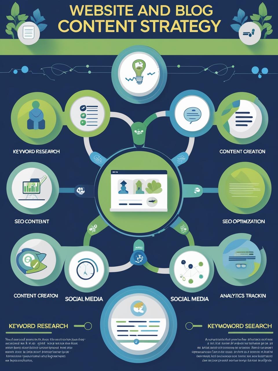 A digital workspace with a laptop displaying a website wireframe, surrounded by blog post drafts, content calendars, SEO strategy charts, and keyword research notes, symbolizing website and blog content strategy planning.